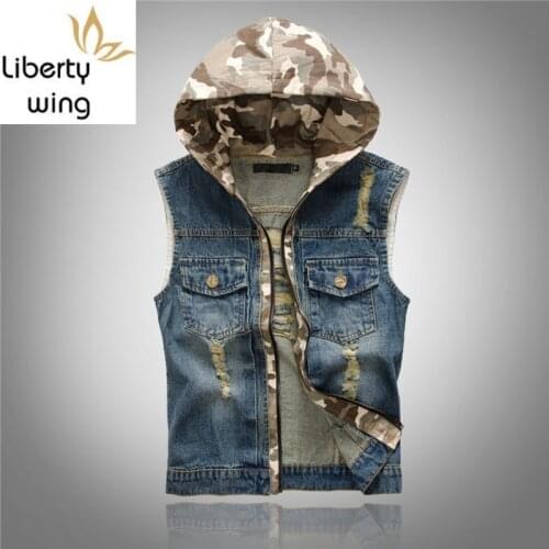 Autumn New Fashion Hooded Vests Men Streetwear Distressed Slim Vintage Washed Mens Denim Coat Zipper Casual Jacket Man Outwear
