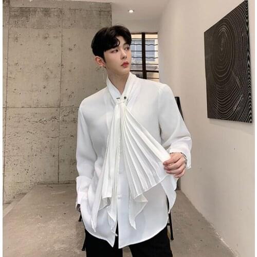 2020 New Men Pleated Collar Long Sleeve Casual Shirts Male Vintage Fashion Dress Shirt Gothic Punk Style Shirt