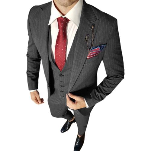 Mens Striped Suit Three Pieces Slim Fit Black Groom Tuxedo Pinstripe Wedding Suits for Men (Blazer+Vest+Pants)