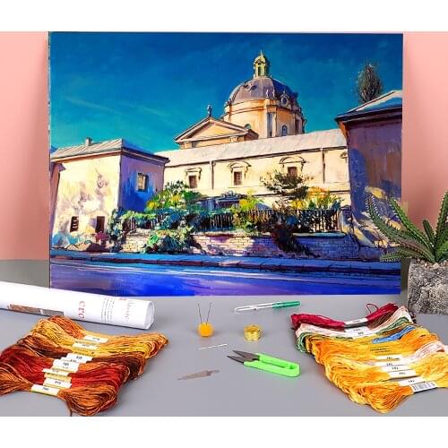 Landscape Lviv Pre-Printed 11CT Cross Stitch Set DIY Embroidery DMC Threads Knitting Handmade Sewing Handicraft Sales Jewelry