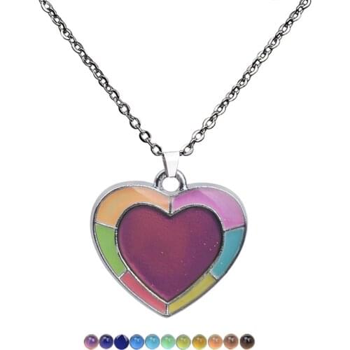 Mystic Rainbow Heart Stone Pendant Necklace Female Fashion Thermochromic Necklaces For Women Boho Stainless Steel Chain Necklace