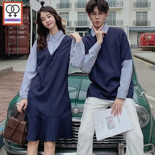Matching Couple Shirt dresses Lovers Valentines Days Preppy Style Design Cute Sweet Patchwork Striped Shirt Dress Ruffled 1027