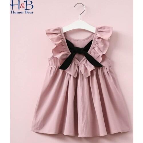 Humor Bear Girls Dress Summer New Sleeveless V-neck Bowknot Solid Color Printed Cute Princess Dress Toddler Childrens Clothes