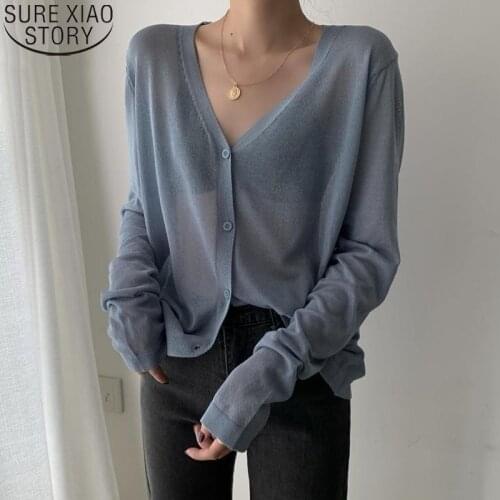 Casual Knitted V Neck Thin Ice Silk Tops Summer Cardigan Women Long Sleeve Cardigan Korean Cropped Sunscreen Shirt Blusas 13482