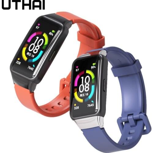 Strap For huawei band 6 Silicone Watchband For honor band 6 Soft breathable wristband Stainless steel linker UTHAI P74