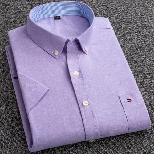 Summer 100% Cotton Oxford Shirt Mens Short Sleeve Pocket Soft Comfortable Regular Fit Business Casual Purple Dress Shirts Men