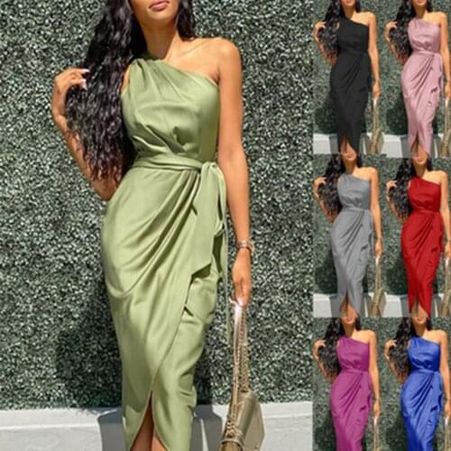 Sexy Casual Slit Dress One Shoulder Ruched Design Party Dress New Spring Summer Belt Ruched Sleeveless Elegant Solid Dress