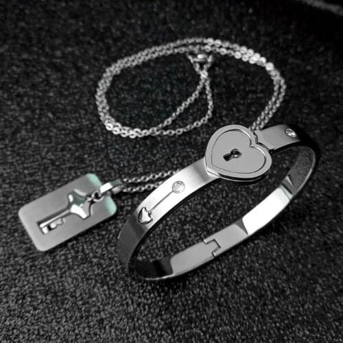 Titanium Puzzle Couple Heart Lock Key Couple Bracelet Necklace Lover Jewelry Set U2JF