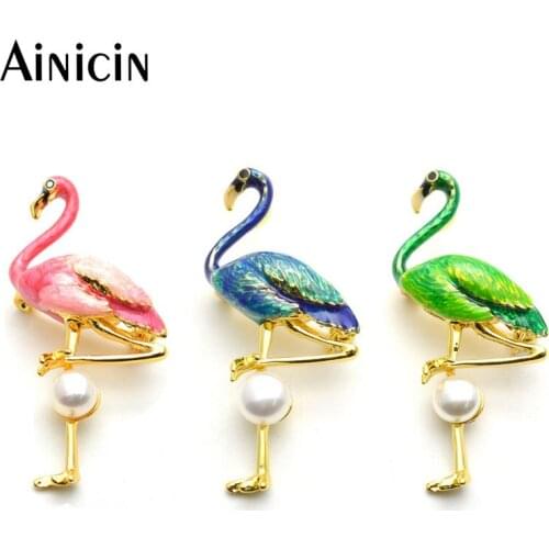Natural Freshwater Pearl Setting Flamingo Bird Brooches Red Blue Green Party Jewelry For Women Gift