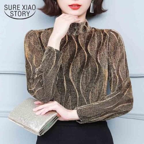 Vintage Autumn Winter 2021 New Glitter Long Sleeve T-shirt Women Elegant Sexy Splicing Tops Half High Collar Blouse Blusas 16726