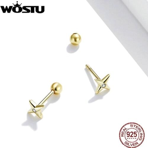 Wostu Real 925 Sterling Silver Golden Star Stud Earrings for Women Statement Fine Jewelry Brinco 2021 Bijoux BKE1117