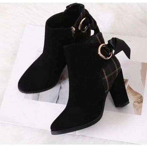 2019 Women Suede Boots Flock Ankle Boots Women Winter Warm Fashion Women Boots Butterfly-knot High Heels Boots Big Size 34-42