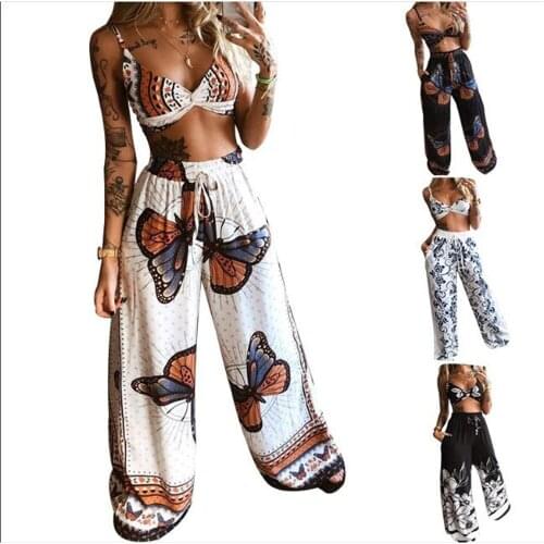 Summer 2021 Fashion Designer Style Women Sexy Butterfly Print Tube Top + Lace-Up Wide-Legged Pants 2 Piece Casual Loose Sets