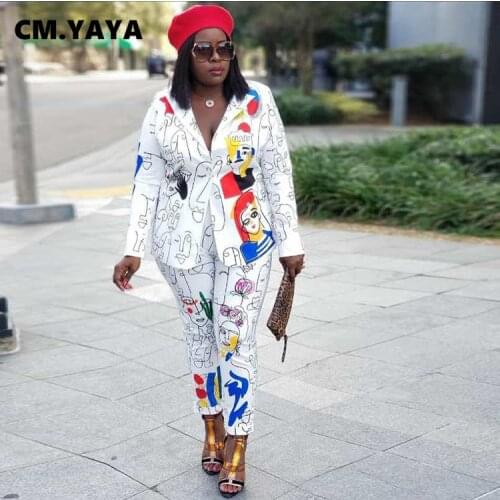 CM.YAYA Graffiti Cartoon Print Two 2 Piece Set for Women Fall Winter Fitness Blazers + Pants Set Street Tracksuit Matching Set