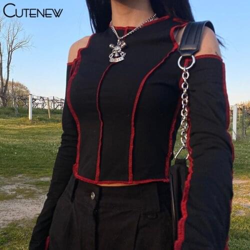Cutenew Kintted Sexy Strapless Crop Top Patchwork Long Sleeve T-Shirt Women Autumn Goth Fashion Casual Slim Lady Tees Streetwear