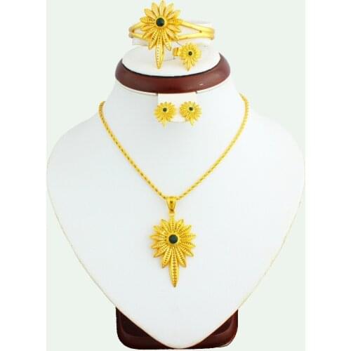 JH Brand Green Stone Ethiopia Needle Big Size Wedding Jewelry Set Gold Color Women Bride Fashion Ethnic Style Jewelry