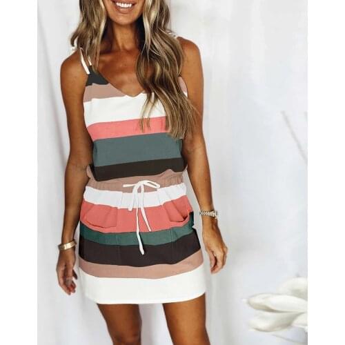 Sexy Backless Women Summer Dress Strapless Bohemian Casual V-Neck Sundress Short Sleeve Strap Open Back Striped Print Dresses