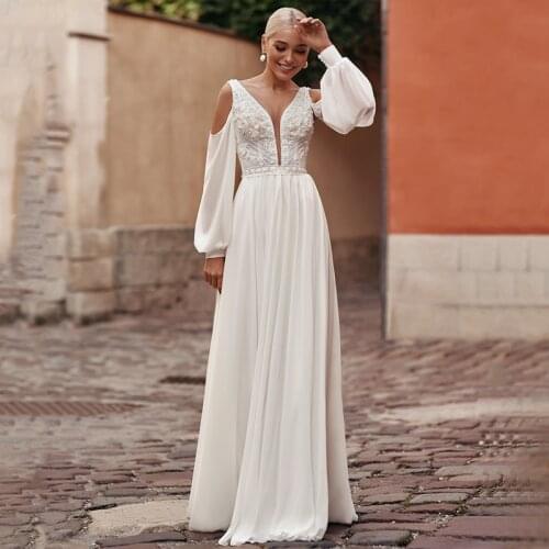 New Arrival Boho Wedding Dress 2021 Sexy V-neck Open Sleeves Lace A-line Chiffon Corset Wedding Dresses Vestido De Novia