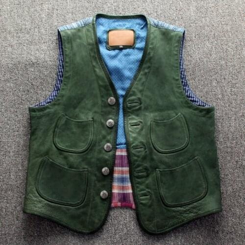 Mens Genuine Leather Vest Green Vintage Western Cowboy Waistcoat Sheepskin Sleeveless Leather Jackets Slim Stripe Cloth Back