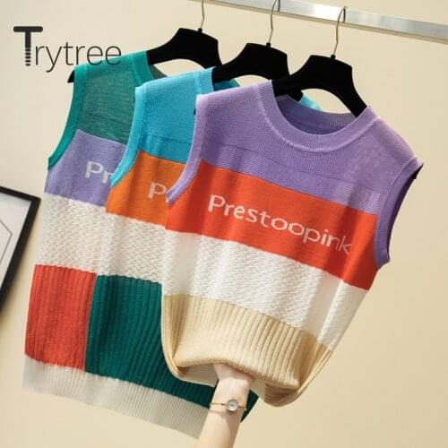 Trytree 2020 Spring Women Casual Vest O-neck Stripe 3 Color Letter Loose Knitting Fashion Temperament All-Purpose Style Vest Top