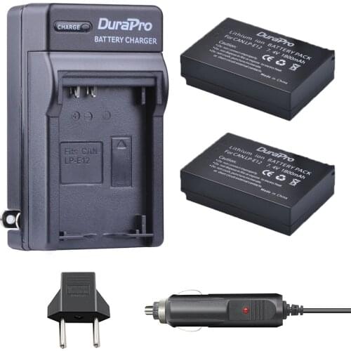 2pc DuraPro LP-E12 LP E12 LPE12 7.4V 1800mAh Camera Battery + Car Charger + EU Plug For Canon EOS M M2 100D Kiss X7 Rebel SL1