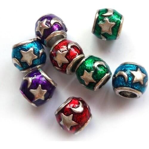 Free shipping 50pcs mix color new design colorful plated star & moon design alloy big hole beads charm fit European bracelet DIY