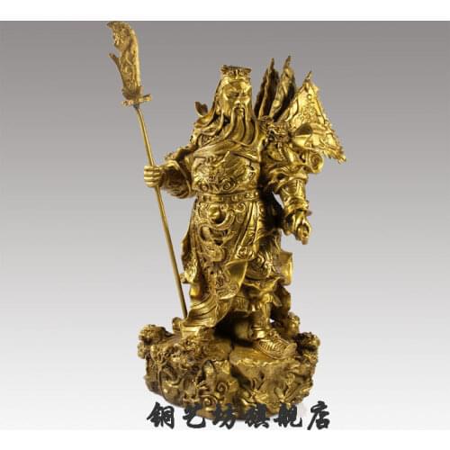 Free Shipping 10''China Bronze Warrior Guangong Hold Sword Guanyu Dragon Flag Statue