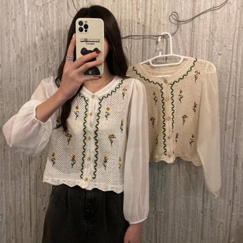 Blouse Women Shirt Hollow Crochet Stitching Lace V-neck Short Cardigan Chiffon Shirt Women Blusas Ropa De Mujer