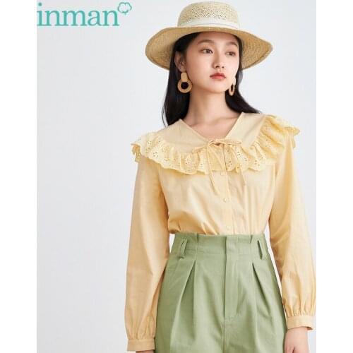 INMAN Autumn Spring Womens Blouse Pastoral Elegant Style Hollow Embroidered Lapel Bow-Knot Tether Cotton Females Top