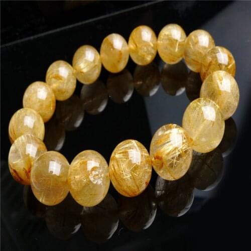 Brazilian Natural Gold Rutilated Quartz Crystal Bracelets Women Round Beads Jewelry Stretch Men Bracelet 14mm