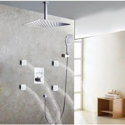 DULABRAHE Rain Shower System 16 Inch Ceil Mounted Rainfall Air Booster Head Thermostatic Mixer Faucet Set Chrome Polished