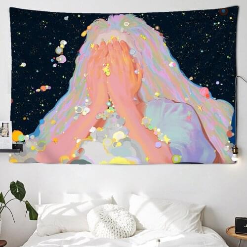 Cartoon Girl Tapestry Colorful Stars Wall Hanging Room Dorm Tapestries Art Home Psychedelic Kawaii Childrens room
