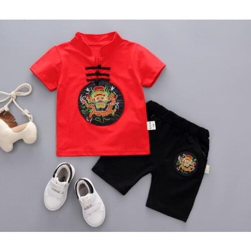 Chinese Character Embroidery Suit Baby Chinese Style Short Sleeved Cotton Summer Clothes for Boys Girls Two Piece 2021 New