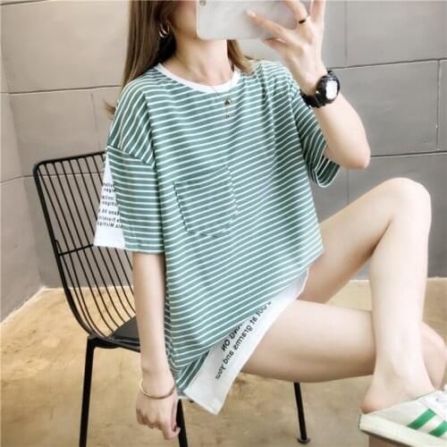 Summer T-shirt cotton striped stitching fake two-piece short-sleeved letter printing round neck T-shirt women