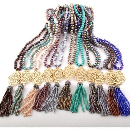 Fashion Long Glass Crystal Knotted Metal Grid Links Tassel Necklaces For Women Ethnic Necklace