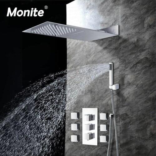 Monite Wall Mounted Bathroom Shower Set Faucet Chrome Polish Soild Brass 2 Funcs 6 Jets Water Saving Nozzle Aerator Shower Set