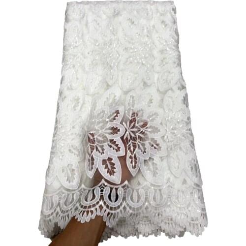 Latest PURE WHITE African Embroidery Tulle Lace Fabric 2021 High Quality French Milk Silk Lace Fabric With Sequins 5 Yards