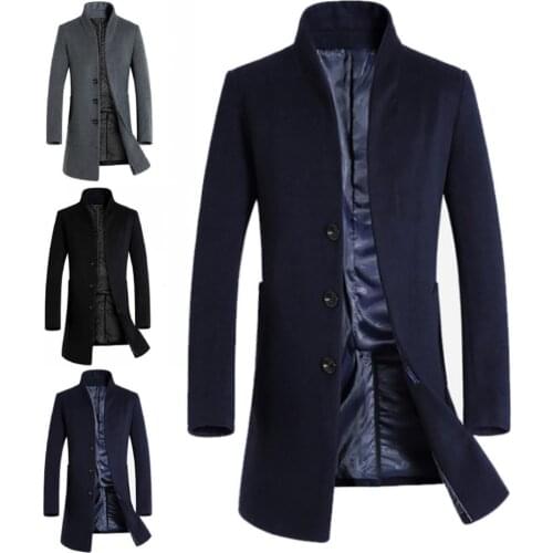 New Men Winter Warm Solid Color Woolen Trench Coat Outwear Overcoat Long Jacket