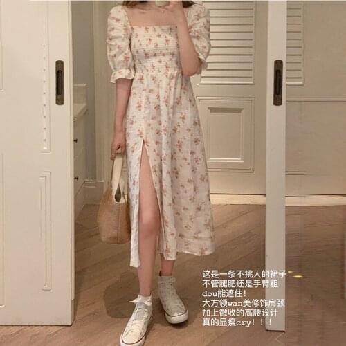 New Fashion Summer Casual Chic Floral Print Chiffon Split Dress Women Holiday Elastic Chest Puff Sleeve Dresses Femlae