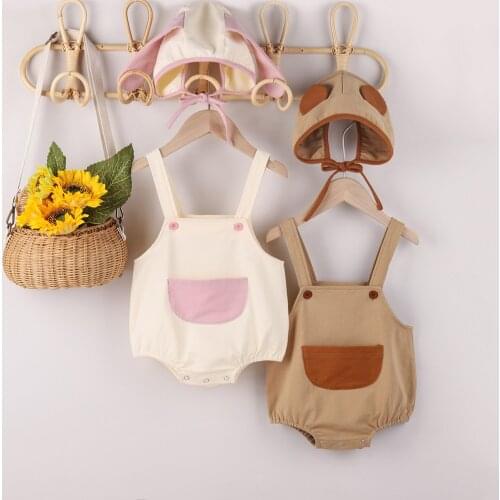 New Breathable Baby Girls Boys Romper Sweet Style Infant Summer Creative Pocket Sleeveless Suspender Jumpsuit + Cute Cap