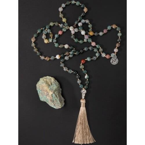 OAIITE Indian Onyx Beaded Necklace Knotted Tibetan Necklaces With Tassel Buddha Head Pendant Meditation Yoga Blessing Jewelry