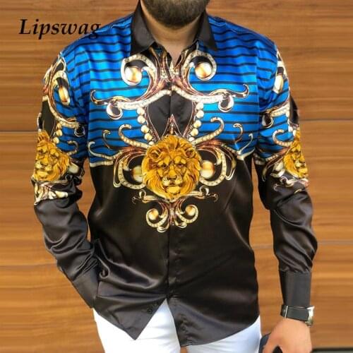 Vintage Lion Print Long Sleeve Slim Shirts For Men 2021 Autumn New Fashion Buttoned Tops Mens Turn-down Collar Shirt Streetwear