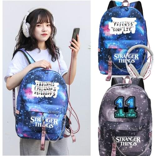 IMIDO Star Stranger Things Backpacks for School Students Usb Charging Personality Chain Shoulders Backpacks Teenagers Travel Bag