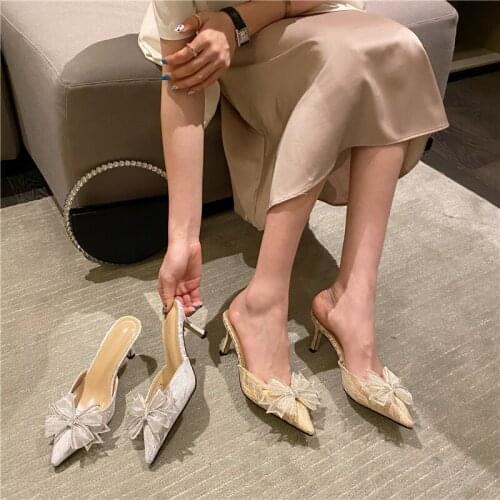2021 spring and summer European and American high heels pointed bow silk mules stiletto slippers