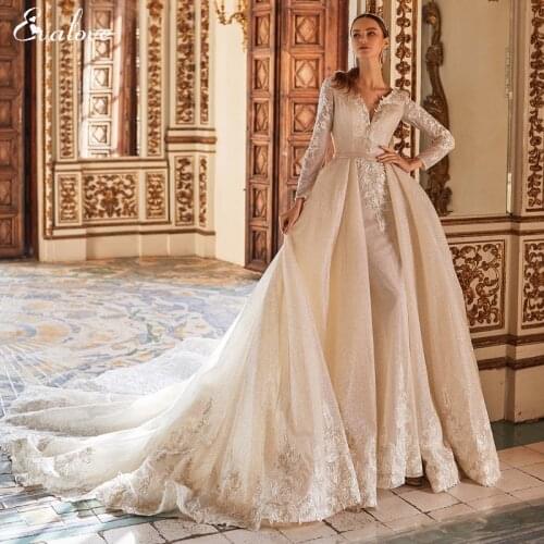 EVALOVE Gorgeous Appliques Detachable Train Mermaid Wedding Dress 2021 Sexy V-Neck Full Sleeve Sparkly Tulle Vintage Bridal Gown