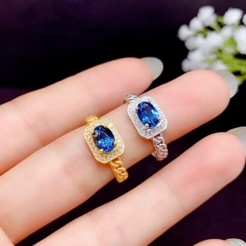 Natural London Blue Topaz Ring S925 Sterling Silver Womens Simple Style Ring Silver&Yellow Gold Color
