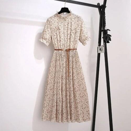 Women Dress Summer O-Neck Ruffles Print Floral Chiffon Pleated Dress Holiday Beach Elegant Midi Dress Boho Plus Size vestidos