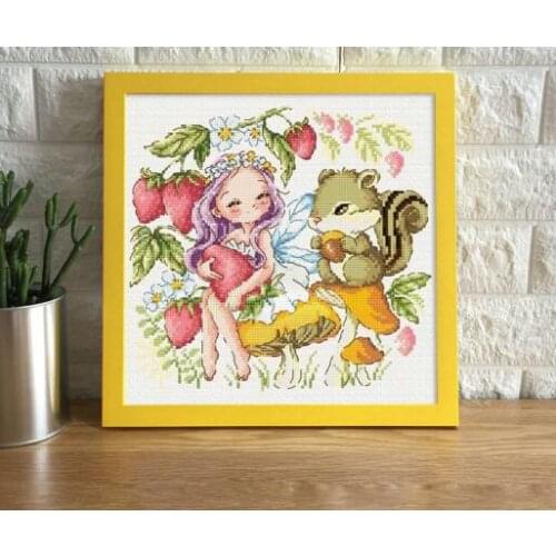 Gold Collection Counted Cross Stitch Kit Strawberry Fairy and Squirrel Fruit Nut Mushroom SO