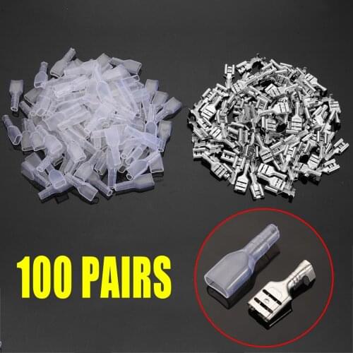 100 Pair 6.3mm Female Spade Crimp Metal Terminal Connectors With Plastic Transparent Sheath Inserted Protect Case