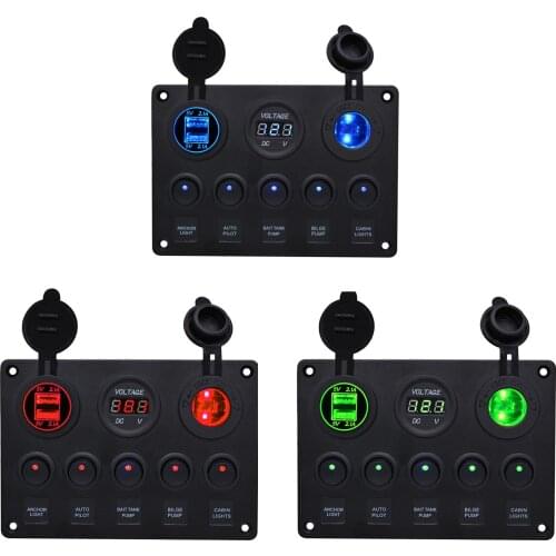 12V Boat Yacht 5 Gang Aluminum Plate Combination Switch Panel Waterproof LED Rocker Dual USB Port Digital Voltmeter Truck RV